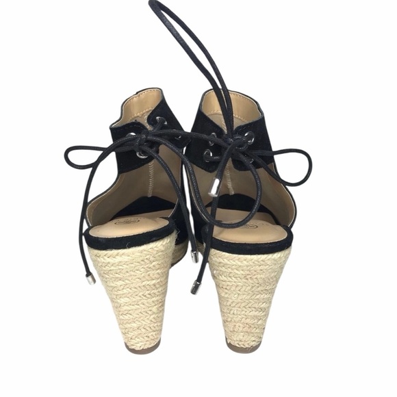 Laurie Felt Suede Wedge Espadrille Women's 11M Black Lace Back Peep Toe Boho - Picture 4 of 9